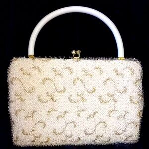 Vintage Corde Bead Purse Lumured White & Gold Handbag Convertible 60s Clutch Bag